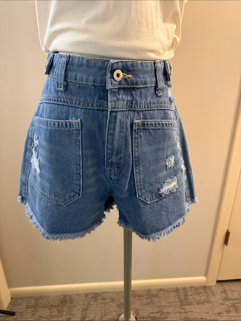 Very J Distressed High-Rise Denim Shorts - Blue